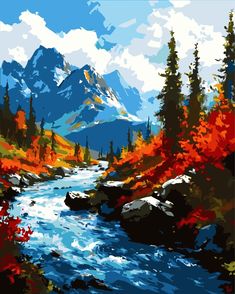 a painting of a mountain river surrounded by trees