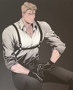 a drawing of a man with suspenders sitting down