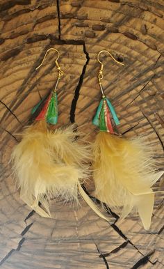 Beautiful Feather Earrings. Handcrafted (sculpted, painted, surface cured) Hypoallergenic Wire Earring Hook Each piece is handmade and unique - items might slightly differ! Hand Painted Gold Earrings For Festival, Gold Hand Painted Earrings For Festivals, Multicolor Feather Earrings For Gift, Multicolor Feather Earrings Gift, Green Feather Earrings As A Gift, Green Bohemian Earrings With Feathers, Green Bohemian Feather Earrings, Bohemian Green Feather Earrings, Artistic Green Earrings For Festival