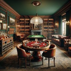 This high-end man cave is a blend of luxury and tradition. Complete with a poker table, antique bar cart, bookshelf, pool table, and plush chesterfield sofa, it's the ideal retreat for the well-rounded man. #Mancave #LuxuryInteriors #ClassicDesign #HomeBar #PoolTable #Bookshelf. Bar Poker Table, Poker Man Cave, Home Billiard Room Ideas, Antique Bar Cart, Bar Americano, Antique Bar Carts, Round Poker Table, Brunswick Pool Tables, Simulator Room