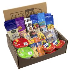 an open box filled with snacks and condiments