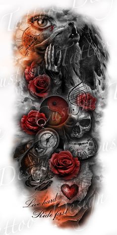 an artistic tattoo design with roses, skulls and a bird on the back of it