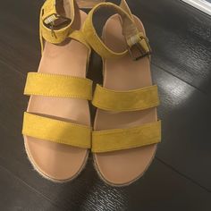 Yellow Platform Shoes Worn Once Look Brand New Affordable Playful Yellow Sandals, Suede Platform Sandals For Vacation, Flat Suede Summer Heels, Yellow Suede Sandals For Summer, Yellow Suede Sandals For Spring, Suede Sandals For Beach, Medium Width Suede Sandals For The Beach, Platform Shoes, Platform Sandals