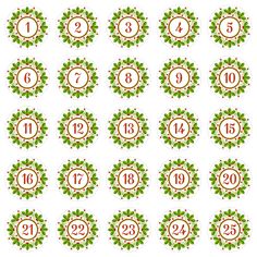 a set of twelve christmas wreaths with numbers