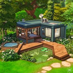 an artist's rendering of a small house in the middle of a lush green forest