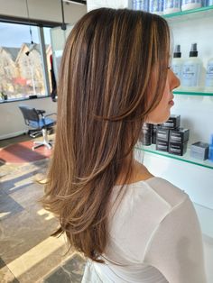 Haircut Ideas Highlights, Layered Hair With Caramel Highlights, U Haircut For Medium Hair With Layers, Balayage Hair With Layers Face Framing, Medium Length Haircut For Thick Hair Long Layered Highlights, Face Framing Layers And Highlights, Medium Layered Hair With Highlights, Highlights Brown Hair Long Layers, Natural Layers Medium Hair