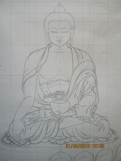 a drawing of a buddha sitting in the middle of a room