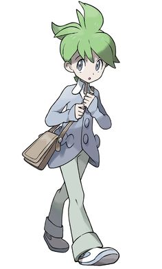 an anime character with green hair and blue eyes holding a brown bag in her hand