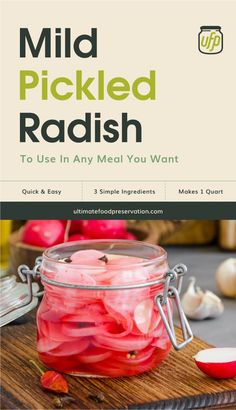 a jar filled with pickled radish on top of a wooden cutting board