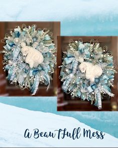 two pictures of a wreath with white and blue decorations in the shape of an animal