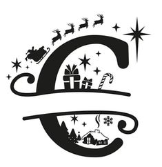 the letter c with santa's sleigh and gifts on it, surrounded by stars