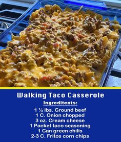 Walking Taco Casserole
￼
A dish that captures the spirit of a warm, homemade meal and combines it with the excitement of a taco Tuesday night! This dish is incredibly flexible, making it perfect for everything from family dinners to casual social gatherings.
 
We all love tacos, but sometimes the usual way of eating them can get a bit messy. Enter the Walking Taco Casserole, a convenient dish that packs all the flavor and fun of a taco into an easy-to-eat, shareable meal. Its versatility makes it a crowd-pleaser and a great option when you want to shake things up a bit at mealtime.

Ingredients:
1 lb ground beef 1 packet taco seasoning 1 can (15 oz) black beans, drained and rinsed 1 can (15 oz) corn, drained 1 bag (9.25 oz) Fritos corn chips 2 cups shredded Mexican blend cheese Your favori Food For Husband, Taco Casseroles, Walking Taco Casserole, Fritos Corn Chips, Walking Taco, Easy Bakes, Walking Tacos, Birria Tacos, Diy Easy Recipes