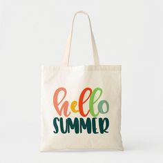 Bright and Colorful Typography Hello Summer Tote Bag. Perfect for beaches and vacations. Summer Canvas Bag For Daily Use, Trendy Green Canvas Beach Bag, Tropical Multicolor Bags For Daily Use, Multicolor Summer Canvas Bag For Daily Use, Summer Multicolor Canvas Bag For Daily Use, Multicolor Canvas Bag For Daily Summer Use, White Letter Print Bags For Summer, Summer Multicolor Canvas Bag With Large Capacity, Green Canvas Vacation Bag