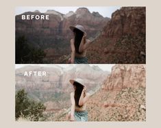 a woman wearing a hat standing in front of mountains and the words before and after photoshopped on her face