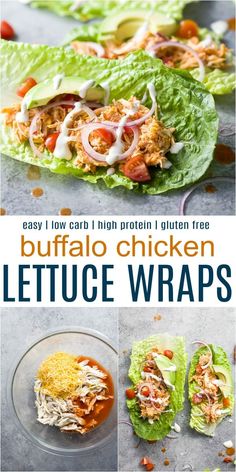 chicken lettuce wraps with ranch dressing on top and an image of the wrap