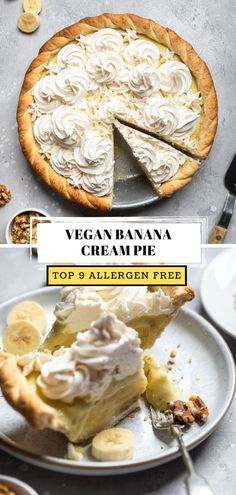 vegan banana cream pie on a white plate