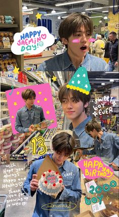 the collage shows two young men with birthday hats and one is holding a cake