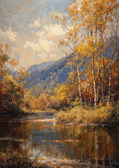 an oil painting of a mountain lake surrounded by trees with yellow and orange leaves on it