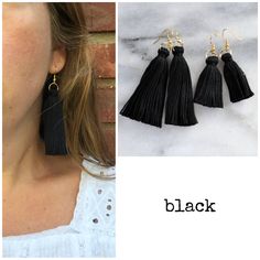 This is it: can't-go-wrong classic black tassel danglers in lighter-than-air cotton. I think you just met your new favorite earrings. LONG is 3.25 inches and MINI is 2.5 inches from the top of the ear wire (each piece is handmade so lengths are approximate) hand-tied cotton tassel in black gold-plated stainless steel ear wire hooks lead-free and nickel-free plastic earring back for security packaged on a hand-stamped kraft earring card in a clear resealing bag Black Fringe Tassel Drop Earrings, Black Tassel Drop Earrings, Chic Black Fringe Earrings, Chic Black Earrings With Fringe, Casual Black Dangle Earrings, Black Tassel Earrings For Party, Minimalist Tassel Drop Earrings, Black Drop Tassel Earrings As Gift, Decades Of Fashion