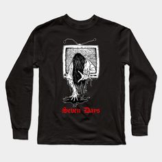 a black long sleeve shirt with an image of a woman on the screen and words written in