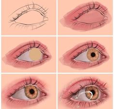 the steps to draw an eye with colored pencils