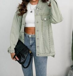 Free shipping and easy returns on ePretty Studded Denim Jacket In Light Green. The perfect jean jacket for those slightly crisper days between seasons.Designed with stud embellishm Green Jeans Jacket Outfit, Light Green Jacket Outfit, Green Denim Jacket Outfits, Green Denim Jacket, Studded Denim Jacket, Studded Denim, Teacher Outfit, Jacket Outfit, Winter Sneakers