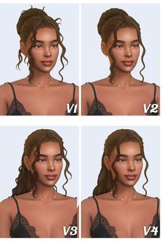 four different views of a woman's face with various hair styles and facial expressions