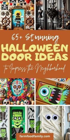 a collage of halloween door decorations with text overlay