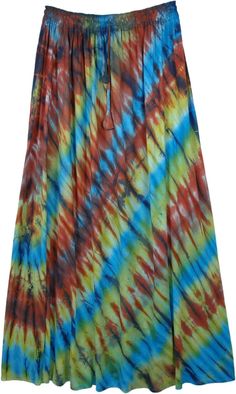 A simple hand dyed jersey t-shirt cotton tie dye maxi skirt in cascading turquoise and a slight green and red. The cascading tie dye creates a waterfall effect and the fabric has a gleam as it reflects the sunlight off the water. You can wear it with a white tank top and blue flip flops and accessorize with a long silver tone necklace. A lovely and comfortable skirt that has an adjustable elasticated and tied waistband. The fabric is an extremely smooth to touch weave of cotton so adapts well fr Casual Multicolor Flowy Maxi Skirt, Spring Tie Dye Long Maxi Skirt, Spring Tie Dye Maxi Skirt, Casual Long Tie-dye Skirt, Casual Tie Dye Maxi Skirt For Summer, Casual Tie-dye Maxi Skirt For Summer, Bohemian Tie-dye Spring Maxi Skirt, Bohemian Tie-dye Maxi Skirt For Summer, Long Summer Skirt