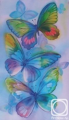 three colorful butterflies flying in the sky with watercolors on paper, and one is blue