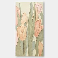 a painting of pink flowers with green leaves on a beige background, in pastel tones