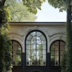 an arched window in the middle of a building with ivy growing on it's sides