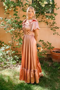 Billie Dress in Apricot Crush Satin – Ivy City Co Ruffled Satin Dress For Wedding, Peach Ruffled Dresses For Wedding, Peach Ruffled Wedding Dress, Satin Prom Dress With Ruffle Hem, Satin Ruffle Dress For Wedding Guest, Satin Dress With Sleeves, Orange Satin Dress, Apricot Crush, Puff Sleeve Maxi Dress