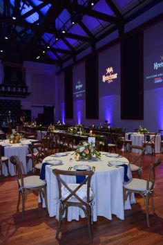 a banquet hall with tables and chairs set up for an event