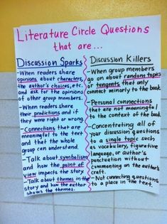 a sign on the wall that says literature circle questions that are