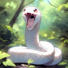 a white snake with it's mouth open and its tongue out in the woods