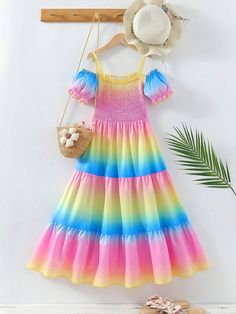 Multicolor Boho Collar Short Sleeve Polyester Ombre A Line Embellished Non-Stretch  Tween Girls Clothing Colorful Cute Summer Dresses, Summer Rainbow Ruffled Dresses, Cute Colorful Summer Dresses, Cute Rainbow Dress For Summer, Playful Rainbow Summer Dress, Cute Multicolor Summer Dress, Fun Rainbow Summer Dresses, Casual Rainbow Dress For Summer, Strap Maxi Dress