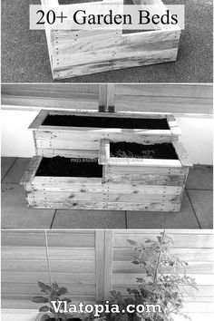 an outdoor garden bed made out of wooden crates