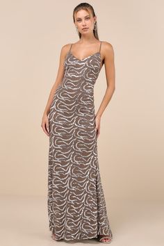 Captivate the crowd with the way you move in the Lulus Mesmerizing Demeanor Taupe Sequin Backless Mermaid Maxi Dress! Sparkling silver sequins create an intricate, wavy design across stretchy mesh knit as it falls from adjustable spaghetti straps into a flattering V-neckline and a fitted bodice. The figure-skimming silhouette continues into a mermaid maxi skirt that features an subtle train at back. The deep V-back creates a sultry final finish! Hidden back zipper/clasp. Fit: This garment fits t Fitted V-neck Shimmer Sequin Dress, Tan Sequin Maxi Dress, Fall V-neck Sequin Maxi Dress, Fitted Metallic Sequin Dress With V-neck, Mermaid Maxi Skirt, Mermaid Maxi Dress, Leopard Print V-neck Evening Dress, Wavy Design, Adhesive Bra