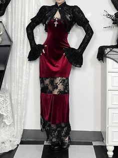 This stunning dress features intricate lace trim, a see-through lace patchwork design, and a striking cross pendant for added edge. Made with a comfortable blend of polyester and spandex, this dress is as versatile as it is chic. Available in a bold red color and a range of sizes, including S, M, and L, this dress is s Pastel Alternative Fashion, Alternative Fashion Skirts, Lace Patchwork Dress, White Cropped Cardigan, Gothic Dresses, Aesthetic Collection, Flare Sleeve Dress, Bubble Dress, Romantic Lace