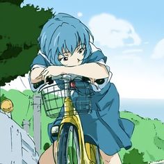 an anime character is riding a bike with her arms on the handlebars and looking at the camera