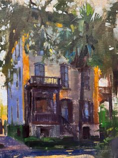 an oil painting of a house with trees in the background