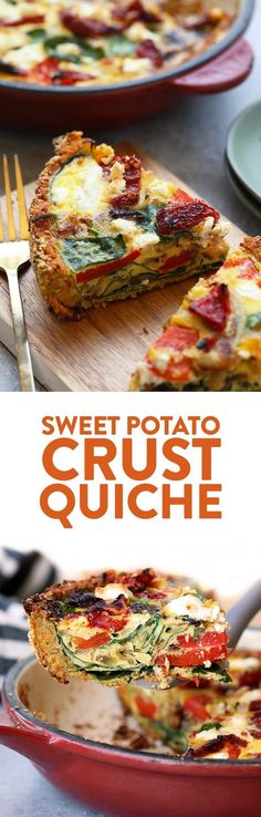 a close up of a pizza on a plate with a fork in it and the text sweet potato crust quiche