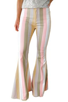 Multicolor Color Block Striped High Waist Flare Pants Hey Dude Shoes Women, High Waist Flare Pants, High Waisted Flare Pants, High Waisted Flare Jeans, High Waist Dress, High Waisted Flares, Striped Jeans, Flared Pants, Denim Flares