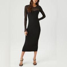 A Ribbed Knit Midi Dress Featuring A Sheer Mesh Yoke And Long Sleeves, Illusion Neckline, And A Bodycon Silhouette. Content + Care - Shell 1: 96% Cotton, 4% Spandex - Shell 2: 95% Nylon, 5% Spandex - Machine Wash Cold New With Tag. Size L. Black Color Ribbed Midi Dress For Night Out, Forever 21 Midi Dress For Date Night, Forever 21 Black Bodycon Dress, Forever 21 Black Fitted Dress, Chic Forever 21 Midi Dress For Date Night, Elegant Forever 21 Midi Dress For Date Night, Elegant Black Dress By Forever 21, Forever 21 Fitted Midi Bodycon Dress, Forever 21 Fitted Midi Length Bodycon Dress