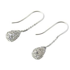 Pavé diamond teardrop earrings dangling on 18K white gold wire and chain. Hook backs for pierced ears. Diamond teardrops total an estimated 2.7 carats; clarity of the diamonds is SI.   Please see the measurements noted above in the description for best approximate dimensions White Gold Teardrop Earrings For Evening, Luxury Cubic Zirconia Teardrop Earrings, Teardrop Diamond Linear Earrings Fine Jewelry, Fine Jewelry Diamond Teardrop Linear Earrings, Teardrop Diamond Pierced Earrings, Diamond Teardrop Earrings For Fine Jewelry, White Gold Teardrop Linear Earrings Fine Jewelry, Luxury White Gold Teardrop Dangle Earrings, White Gold Teardrop Linear Earrings