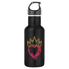 a black water bottle with a heart and crown on it