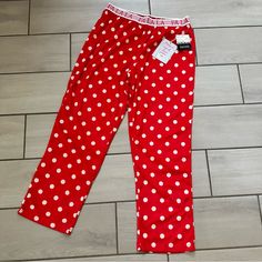 Nwt Kenzie Red & White Polka Dot Pajama Pants Fa La La Printed At Waistband Super Soft! Candy Cane Pj Pants, Polka Dot Cotton Sleepwear For Pajama Party, Red Long Bottoms For Bedtime, Red Long Pants Bottoms For Bedtime, Red Long Pants For Bedtime, Casual Polka Dot Sleepwear For Pajama Party, Red Sleep Bottoms With Elastic Waistband, Floral Pajama Set, Watermelon Print