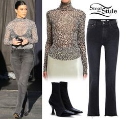 Opening Ceremony Callipygian Printed Mesh Turtleneck ($95.00), Re/Done Double Needle Long Straight-Leg Jeans ($200.00) and Celine Madame Boots ($1,500.00+). Kardashian Clothes, Mesh Turtleneck, Jean Outfit, Closet Inspiration, Acid Wash Denim, Cycling Shorts, Kourtney Kardashian