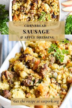 cornbread sausage and apple dressing in a casserole dish with text overlay